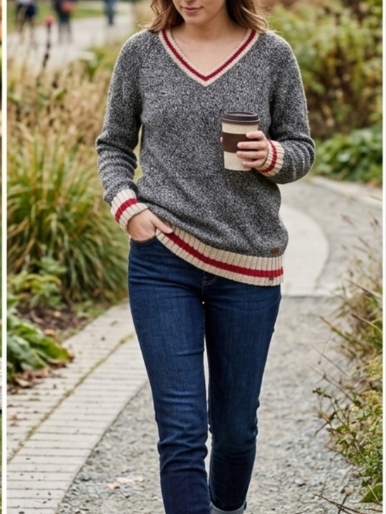 Roots Sweaters - Roots Gray V-Neck Sweater with Cream and Red Stripe Trim